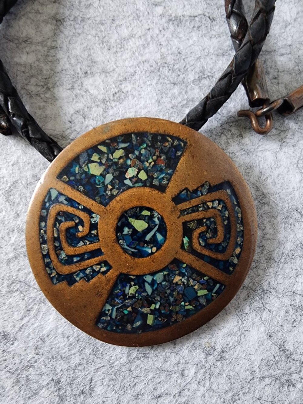 Blue Green Mosaic Inlay Round Metal Pendant Geometric Brass Tone